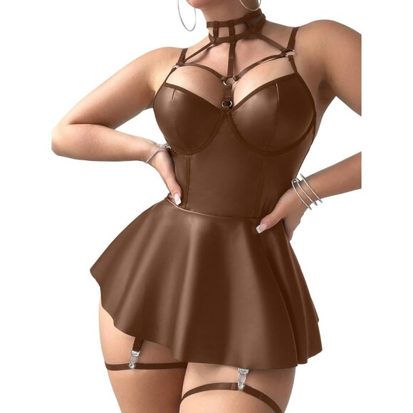 Women Brown Strappy Leather Underwire Choker Garter Belt Lingerie Set Dress - Picture 4 of 6